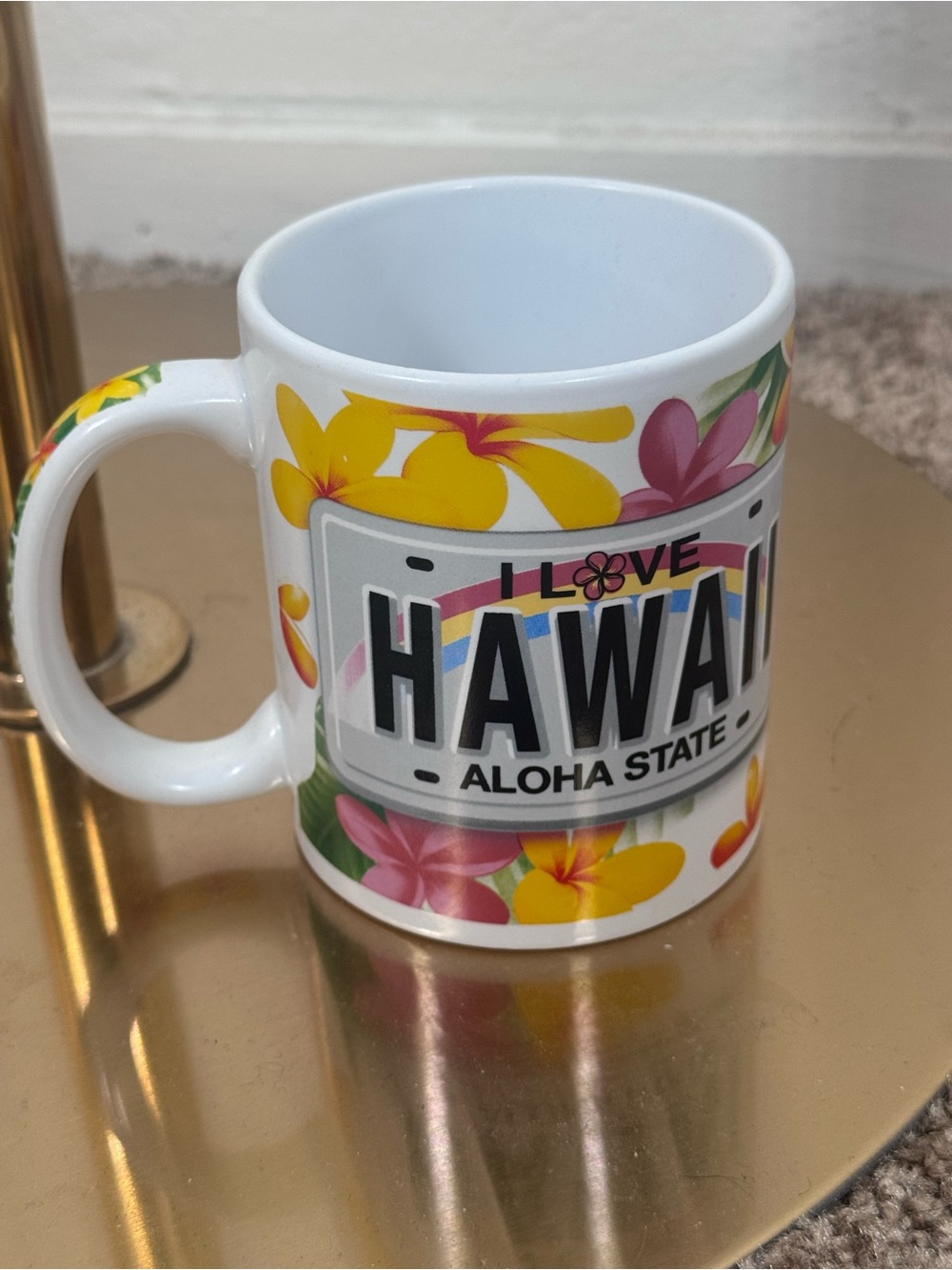 I Love Hawaii Floral Ceramic Coffee Mug - White with Yellow & Pink Flowers